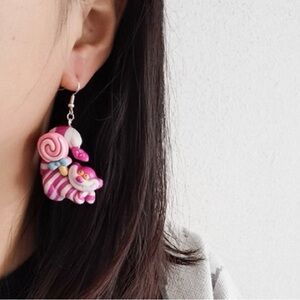 Pink and White Striped Cat Earrings